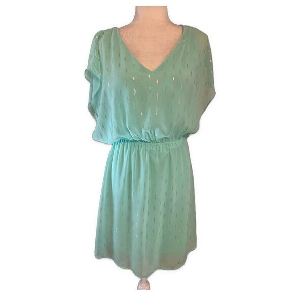 Buttons Label Tiffany Blue Teal Silver V Neck Short Sleeve Mini Dress Medium - Picture 1 of 6